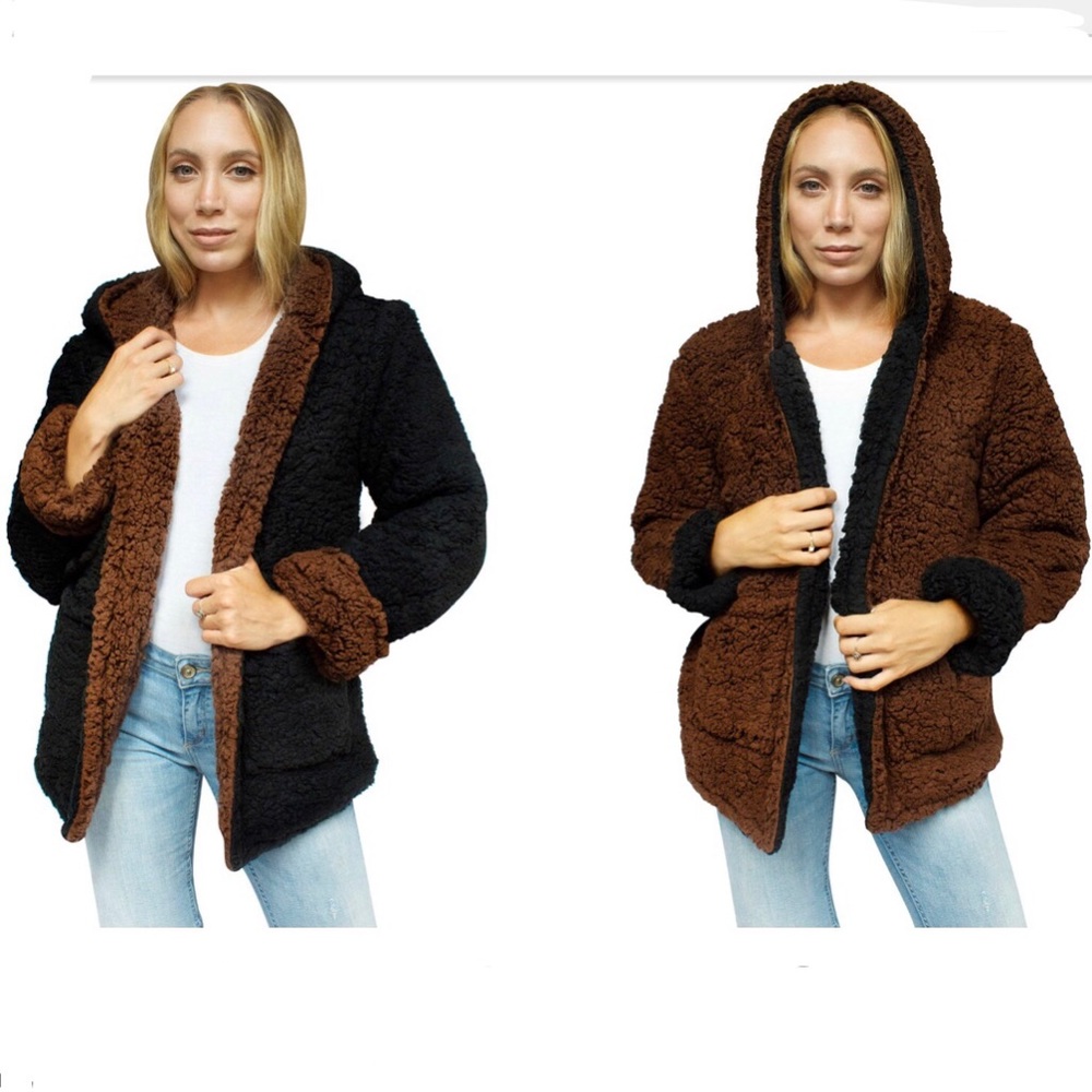 Reversible faux fur Sherpa teddy bear jacket black - Picture 2 of 8
